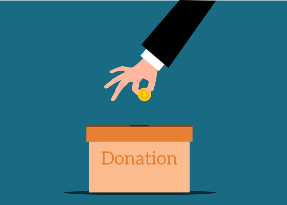 cartoon image of a hand dropping a coin into a donation box.