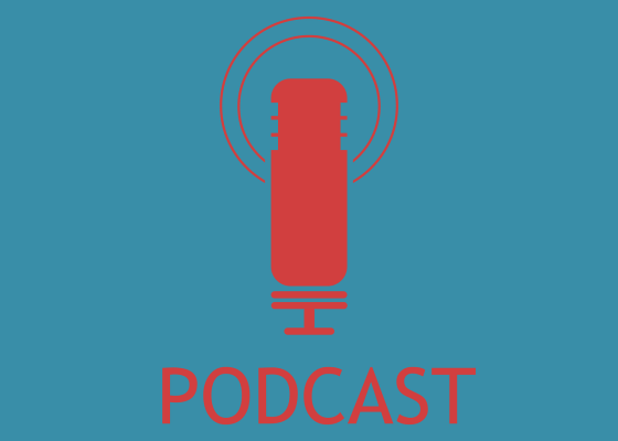 Red microphone on blue back ground. "podcast" written in red letters.