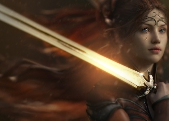 Fantasy image of a warrior woman with a glowing sword